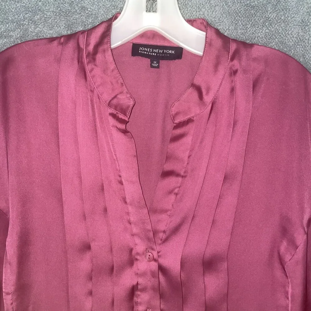 Jones New York Blouse Womens 1X Pink Button Up V Neck Long Sleeve Satin Career - Picture 2 of 12